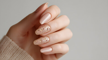 Fototapeta premium Elegant manicured hand with stylish nail art featuring glitter and decorative gems