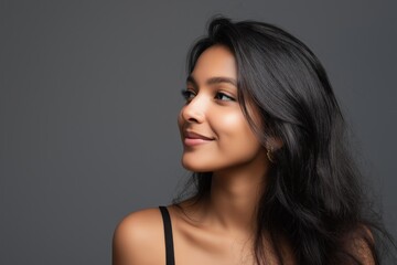 Fototapeta premium Young asian female smiling in studio portrait with long black hair