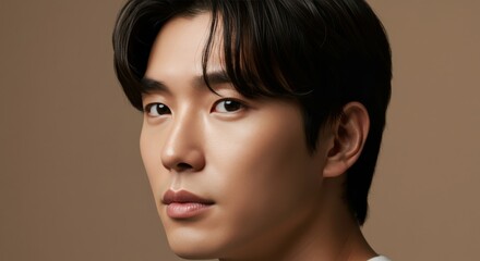 Fototapeta premium Classic Poise: Close-Up Portrait of Asian Man with Glowing Skin and Low Side-Part Hair