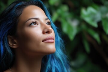 Naklejka premium Young hispanic female with blue hair gazing upwards against green leaves background