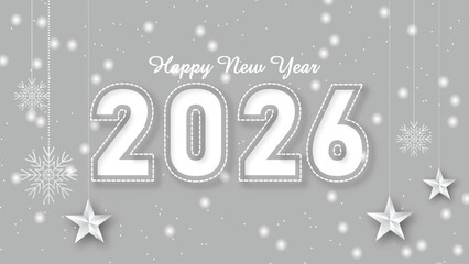 Minimalist 2026 Happy New Year Banner Vector with Text effect ,White Stitched Numbers, Hanging Snowflakes, and Stars on a Subtle Snowy Grey Background