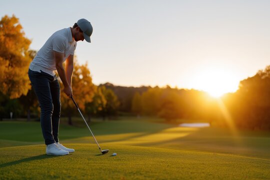 Young caucasian male golfer playing at sunset on scenic golf course
