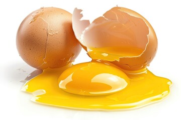 Broken egg on white background, cooking. Breakfast food preparation concept use