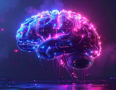 A vibrant, glowing digital brain with intricate circuits and light trails, symbolizing artificial intelligence and advanced technology.