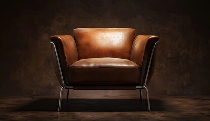 Brown Leather Chair Centered on Wood Floor Against Blurred Wall, For Design Projects