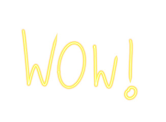 Yellow neon sign spelling out the word wow with an exclamation mark, isolated on transparent background, perfect for expressing surprise or excitement