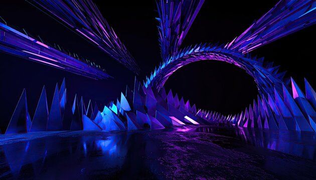 Abstract spiky ring tunnel reflecting on ground, black background for futuristic design