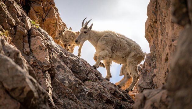 Majestic mountain goats gracefully navigating rugged terrain with their young kids in tow, a stunning display of wildlife and natural beauty, perfect for travel and conservation campaigns