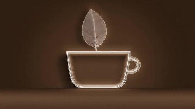 Glowing tea cup and leaf symbol on brown background
