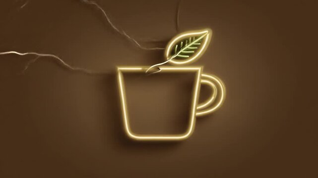 Glowing neon teacup with leaf on brown background for beverage concept