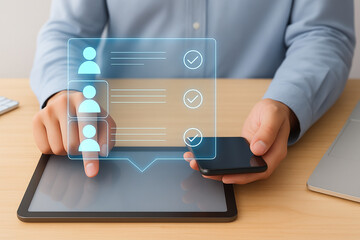 Businessman using tablet with futuristic holographic interface for communication, technology, digital profile selection, innovation, online data management, modern solutions