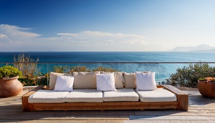 Fototapeta premium outdoor wooden couch with white cushions on a patio overlooking the sea