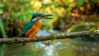 Fototapeta premium Stunning kingfisher perched on mossy branch, a vibrant wildlife scene perfect for nature enthusiasts and bird lovers, capturing the beauty and detail of this colorful bird in its natural habitat