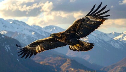 Obraz premium Majestic golden eagle soaring above snow-capped mountains, a symbol of freedom and power, ideal for travel, adventure, or nature themes, evoking awe and inspiration in outdoor campaigns