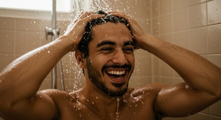 Refreshing Laughter: Man Rinses Shampoo From Hair in a Sun-Lit, Playful Modern Shower