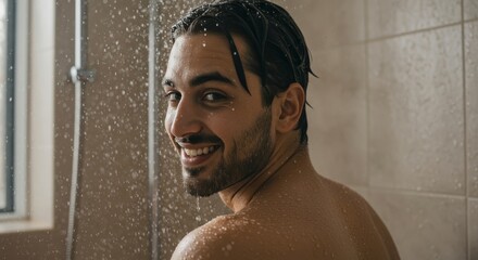 Inviting Glance: Man Turns Back and Smiles in a Minimal Modern Bathroom Shower