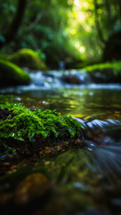 Fototapeta premium Rich textural details of moss and flowing water with magical forest lighting
