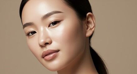 Delicate Glow: Modern Studio Portrait of Asian Woman with Glass-like Skin on Neutral Background