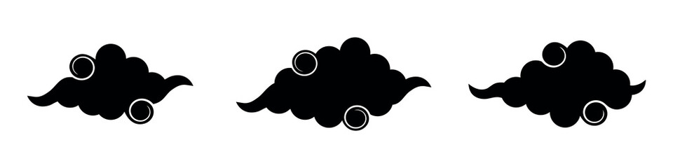 A set of black Chinese clouds. A set of Asian cloud icons. Swirling Japanese clouds for design. Vector illustration.