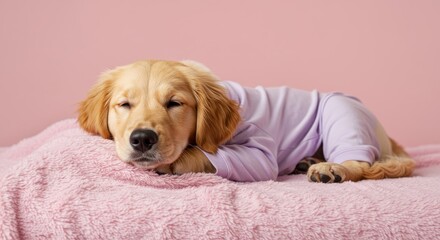 Puppy Slumber: Golden Retriever in Pastel Sleepwear, Resting on Pink Blanket