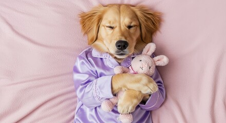 Cuddle Companion: Golden Retreiver Puppy in Lilac Pajamas Hugging Plush Bunny