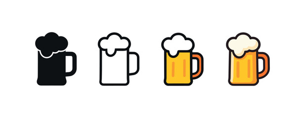 Vector icon frosty mug beer four styles black solid glyph outline minimal flat multicolor filled cartoon flat shaded.