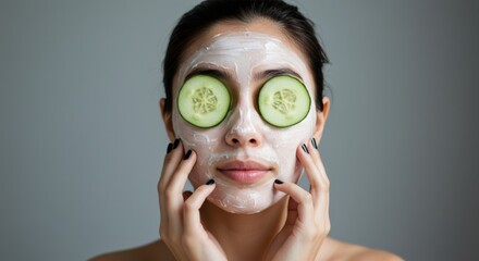 Serenity in Focus: Photorealistic Portrait of Young Woman in a Luscious Skincare Mask with Cucumber Shields