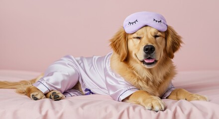 Gentle Dreams: Retriever Puppy in Satin Pajamas and Sleep Mask on Pink Bed