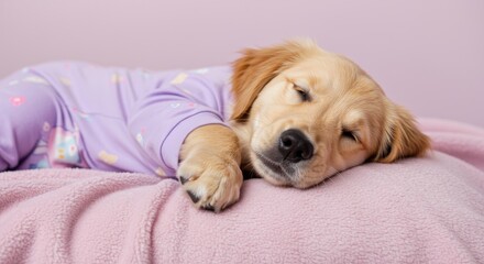 Gentle Morning Paw: Puppy in Lilac Pajamas, Paw to Cheek, Resting