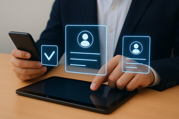 Professional businessman using smartphone and tablet with futuristic holographic digital interface for profile management, technology, innovation, business solutions