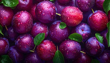 Purple plums background, pile of fresh plum fruit