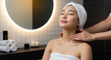 Ambient Warmth: Asian Woman Basks in Luminous Spa Ambience During Neck Massage