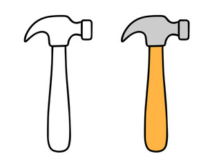 Vector illustration featuring a claw hammer in two versions: a colored version with a wooden handle and a black line outline. Simple carpentry or construction icon.