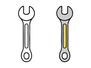 Vector illustration featuring a wrench or spanner in two versions: a colored metallic version and a black line outline. Simple repair or mechanic icon for apps, education, or web design.