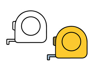 Vector illustration featuring a tape measure in two versions: a colored yellow version and a black line outline. Simple measurement icon for construction, DIY, or industrial design.