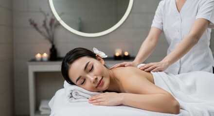 Serenity in White: Photorealistic Portrait of an Asian Woman Relaxing at a Contemporary Spa Retreat