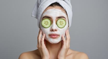 Ultimate Focus: Refined Portrait of Woman with Skincare Mask, Cucumber, and Towel Turban