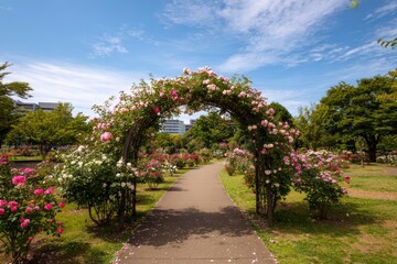 Obraz premium A garden path leads through a rosecovered arch amidst lush greenery