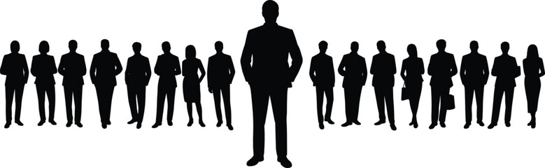 Business leader silhouette, corporate team standing, professional group concept, leadership figure in center, teamwork hierarchy, flat vector illustration