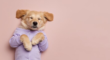 Pink Serenity: Puppy in Pastel Pajamas, Paws to Chest, Reclined in Peace