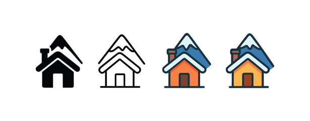 Vector icon snowy mountain hut four styles black solid glyph outline minimal flat multicolor filled cartoon flat shaded.