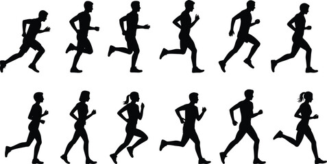 Running silhouette collection, male and female runners, motion posture vector, athletic stride illustration, biomechanics study, sport action, flat vector illustration