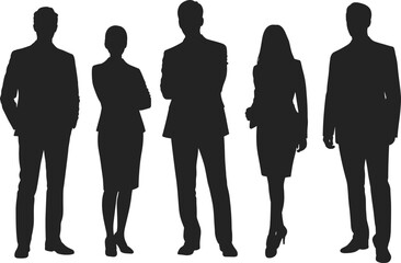 Business team silhouette, corporate professionals standing, diverse workforce, confident posture, leadership concept, teamwork illustration