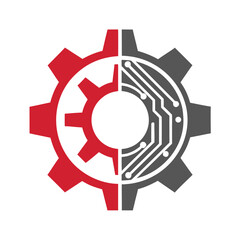 Red and grey gear with circuit board pattern on white background technology