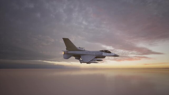 A Fighter Jet Flying Low Over Calm Water At Sunset