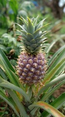 Obraz premium Close-up of a vibrant, young pineapple growing with green leaves