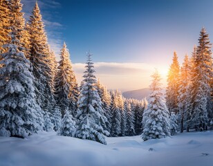 Obraz premium snowy forest landscape at sunrise fluffy snow covers tall evergreen trees