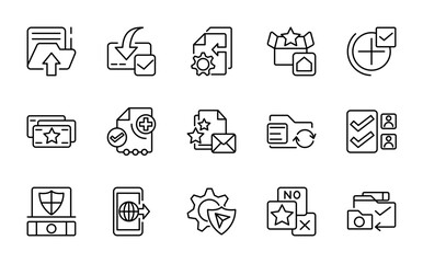 Fototapeta premium ertification and approval linear icon set. Value, star, award, agreement, quality control, achievement, review, premium, editable stroke vector icon pack