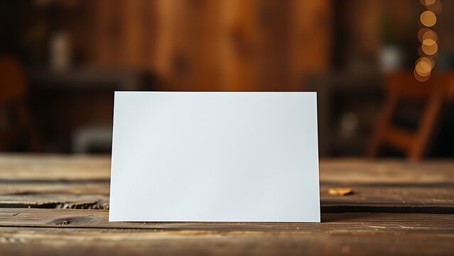 Blank greeting card resting on a rustic wooden surface with warm ambient light.