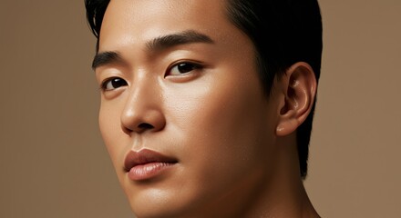 Naklejka premium Dewy Vitality: Striking Beauty Portrait of Handsome Asian Man with Radiant Glowing Skin